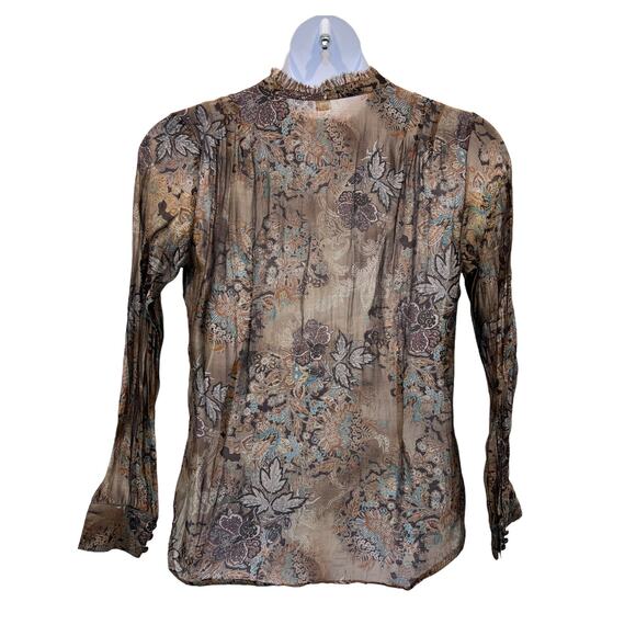 Coldwater Creek Top Wmns Sz Large 14|16 Brown Paisley Leaves Blouse Tuck Detail - Picture 2 of 13